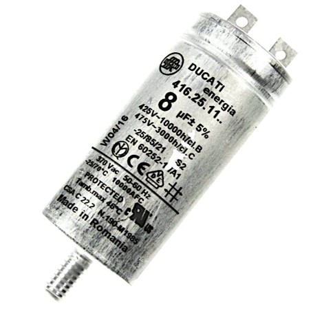 Condensateur métallique à broches droites d'une valeur de 8µF et 450 volts